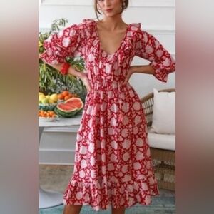 Women's Mille June Floral Cotton Midi-Dress in "Red Zinnia" NWOT XS Garden Fairy